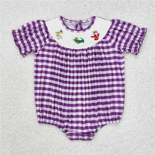 7.11 RTS NO MOQ Summer Baby Girls Bodysuit SR2060 Mardi Gras Purple Checkered Smocked Rompers