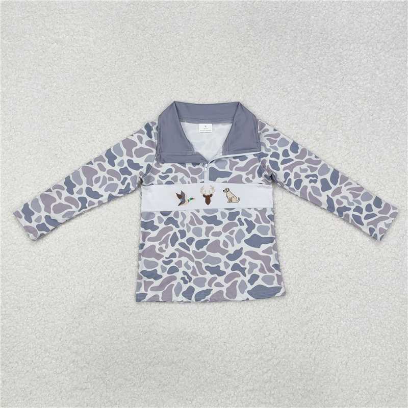 RTS NO MOQ Baby Boys Long Sleeve BT0904 Grey Camo Duck Deer Dog Zip Pullovers Tops