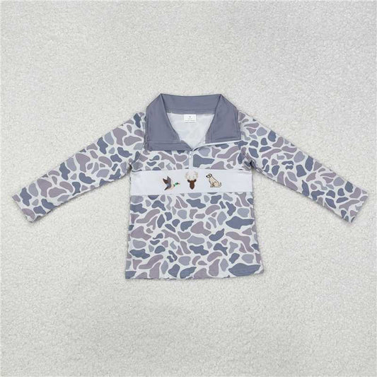 RTS NO MOQ Baby Boys Long Sleeve BT0904 Grey Camo Duck Deer Dog Zip Pullovers Tops