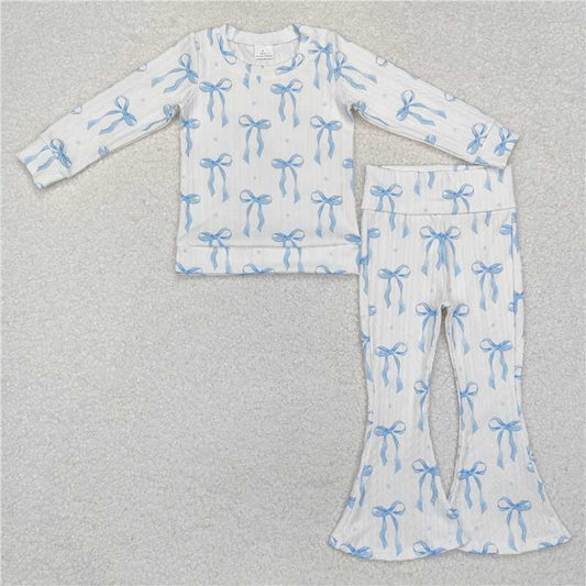 RTS NO MOQ Baby Girls Long Sleeve Outfits GLP2143 Blue Bows Cable Print Shirt Bell Pants Clothes Sets