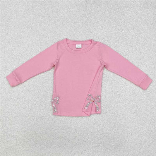 GT0872 Baby Girls Pink Long Sleeve Bows Side Embroidery Tee Shirts Tops