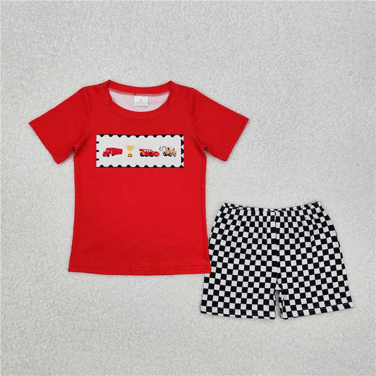 RTS NO MOQ Baby Boys kids Summer sets  BSSO1079 Trophy Red Short Sleeve Black and White Check Shorts Suit