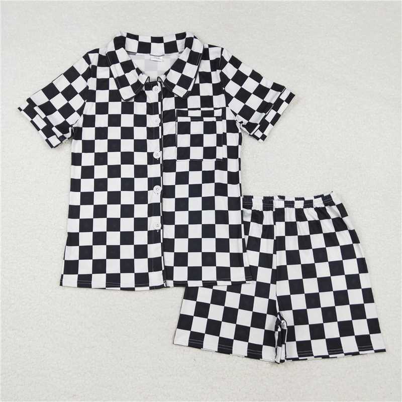 GSSO1536 Adult Women Black Checkered Buttons Tops Shorts Pajamas