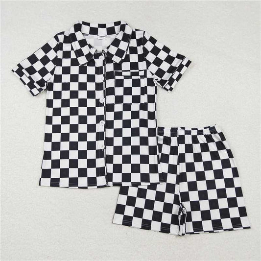 GSSO1536 Adult Women Black Checkered Buttons Tops Shorts Pajamas