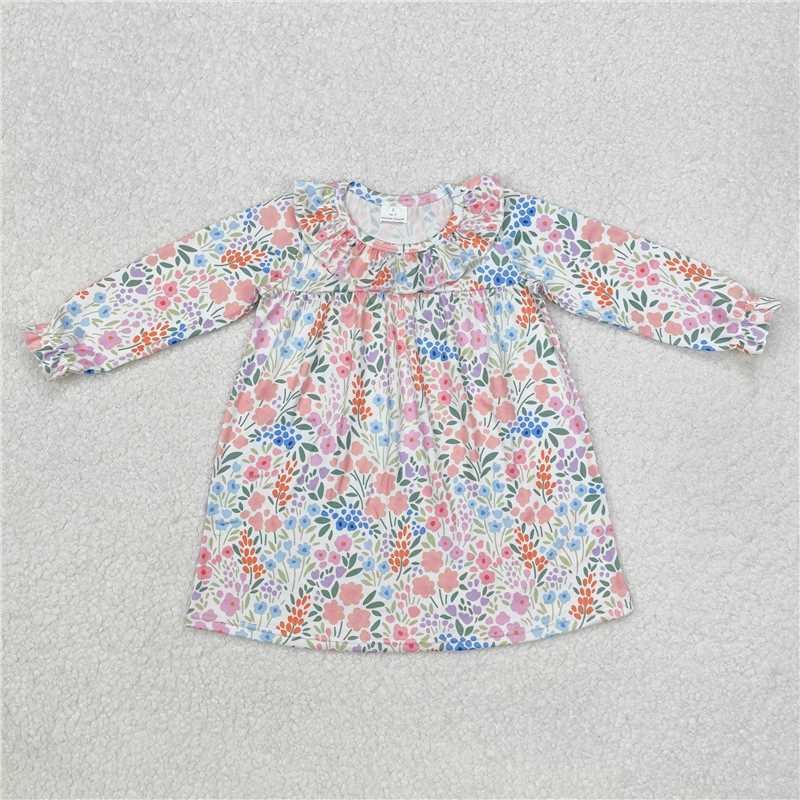 RTS NO MOQ Baby Girls Long Sleeve GLD0982 Spring Orange Flowers Ruffle Knee Length Dresses