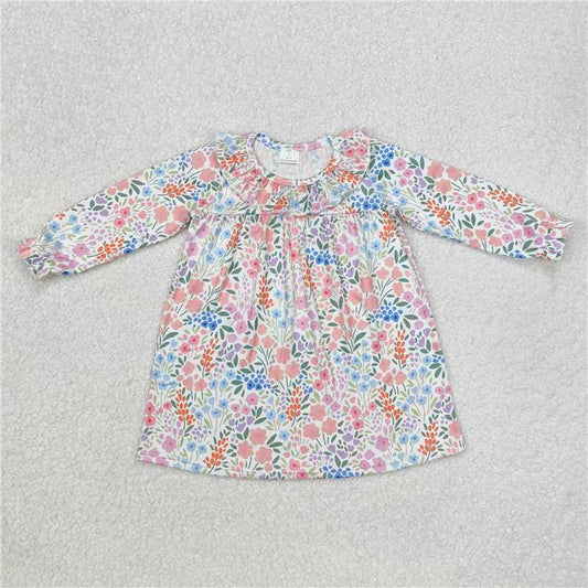 RTS NO MOQ Baby Girls Long Sleeve GLD0982 Spring Orange Flowers Ruffle Knee Length Dresses