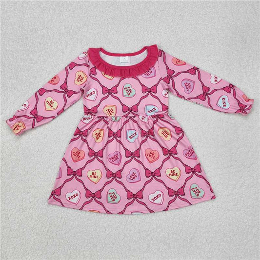 RTS NO MOQ Baby Girls Long Sleeve GLD0987 Valentines Hearts Ruffle bow Knee Length Dresses