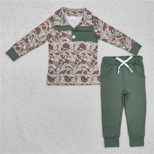RTS NO MOQ Baby Boys Sets BLP0491 Fall Green Camo Pullovers Tops Shirt Pants Clothes Sets