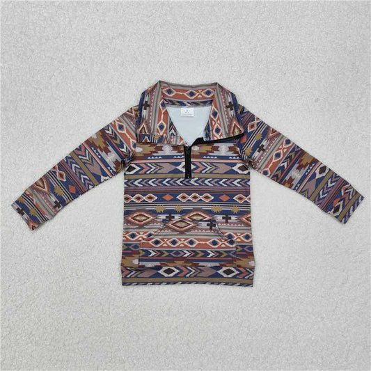RTS NO MOQ Baby Boys Long Sleeve BT1066 Western Brown Aztec Zip Pullovers Tee Shirts Tops