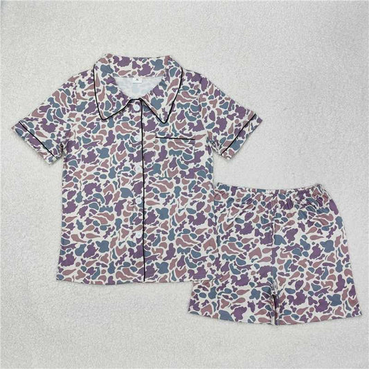 RTS NO MOQ Adult Women Summer Sets GSSO1539 Green Camouflage Buttons Tops Shorts Pajamas
