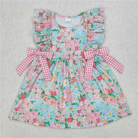 RTS NO MOQ Summer Baby Girls Dresses GSD1962 Blue Pink Flowers Bows Knee Length Dresses