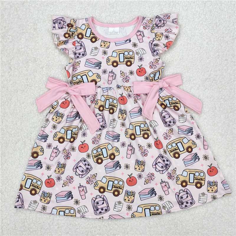 RTS NO MOQ Baby Girls Summer Skirt GSD1819 Flutter Sleeves Pencil Pink Bow Back To School Knee Length Dresses