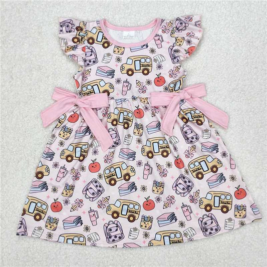 RTS NO MOQ Baby Girls Summer Skirt GSD1819 Flutter Sleeves Pencil Pink Bow Back To School Knee Length Dresses