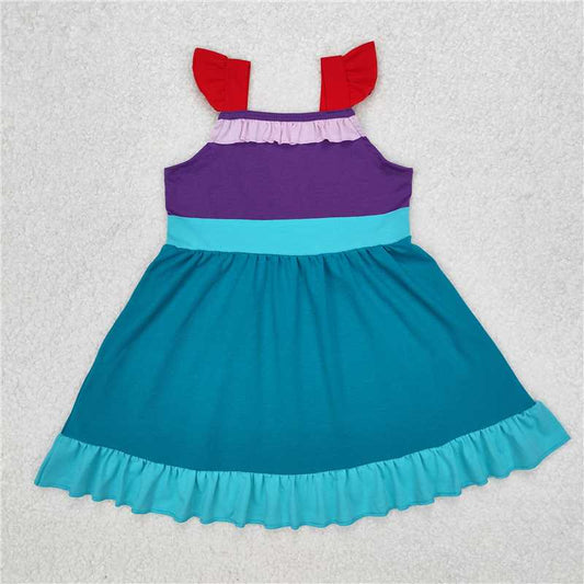 RTS NO MOQ Summer Baby Girls Dresses GSD1875 Red Green Purple Flutter Sleeve Ruffle Princess Knee Length Dresses