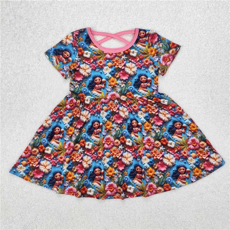 RTS NO MOQ Summer Baby Girls Dresses GSD1785 Blue Short Sleeves Floral Flowers Knee Length Dresses