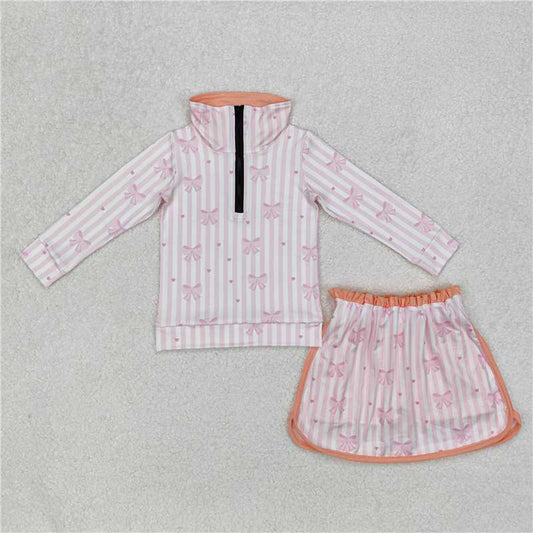 RTS NO MOQ Baby Girls Long Sleeve Outfits GLD1004 Pink Orange Bows Zip Top Skort Skirt Clothes Sets
