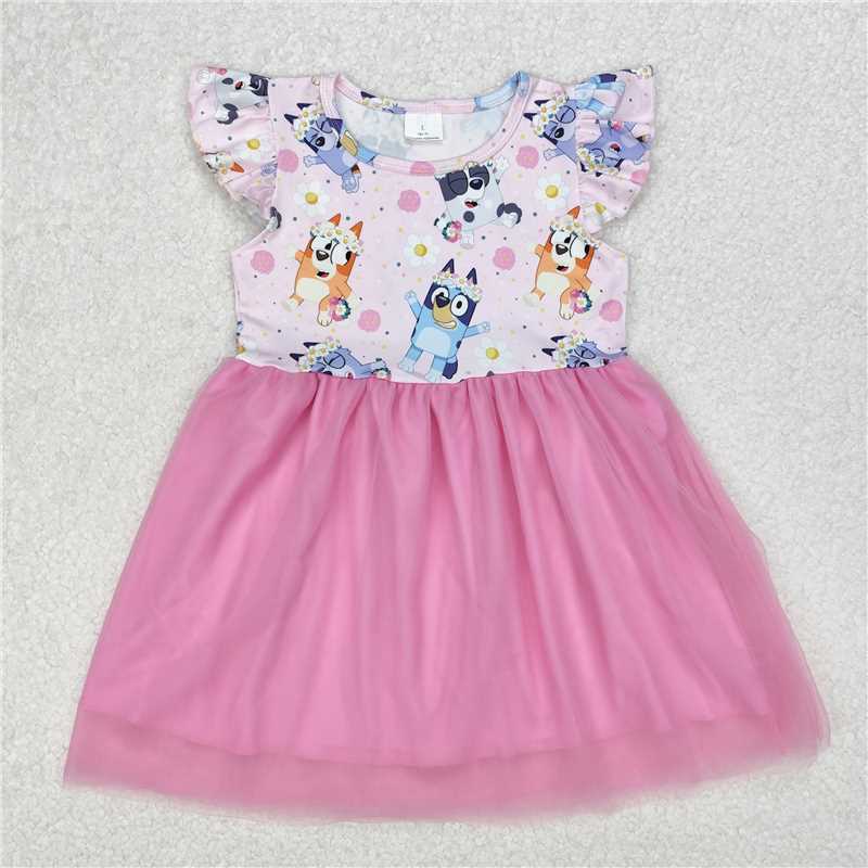 RTS NO MOQ Summer Baby Girls Dresses GSD1789 Pink Dogs Flowers Tutu Knee Length Dresses