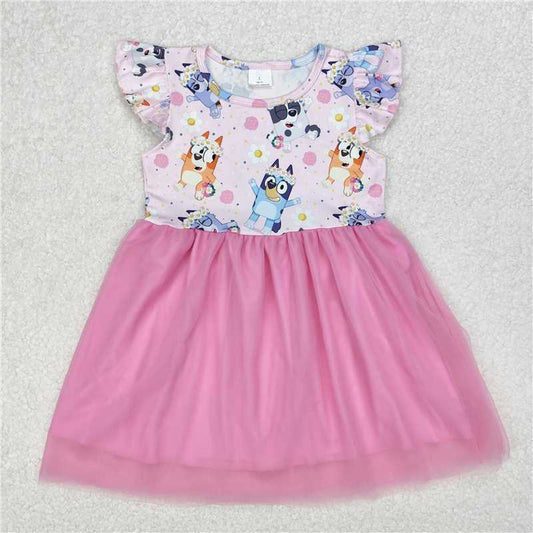 RTS NO MOQ Summer Baby Girls Dresses GSD1789 Pink Dogs Flowers Tutu Knee Length Dresses