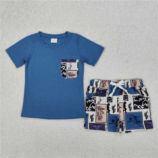 RTS NO MOQ Baby Boys kids Summer sets BSSO1286 Alpine Bull Head Horseback Riding Cactus Pocket Blue Short Sleeve Shorts Set