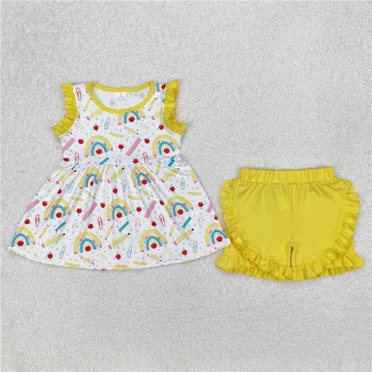 RTS NO MOQ Baby Girls Summer Sets GSSO1913 Rainbow Back To School Tunic Ruffle Shorts Clothes Sets