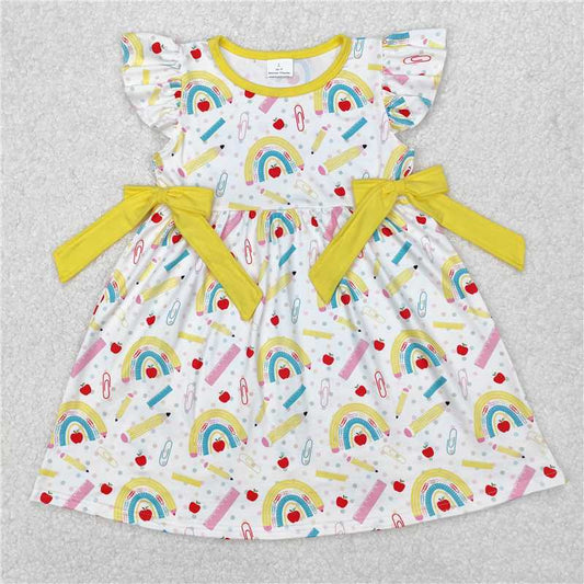 RTS NO MOQ Baby Girls Summer Skirt GSD1823 Flutter Sleeves Apple Pencil Rainbow Bows Back To School Knee Length Dresses
