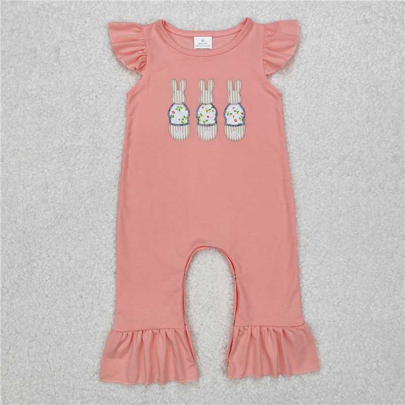 7.11 RTS NO MOQ Summer Baby Girls Bodysuit SR2434 Flutter Sleeve Easter Rabbits Pink Rompers