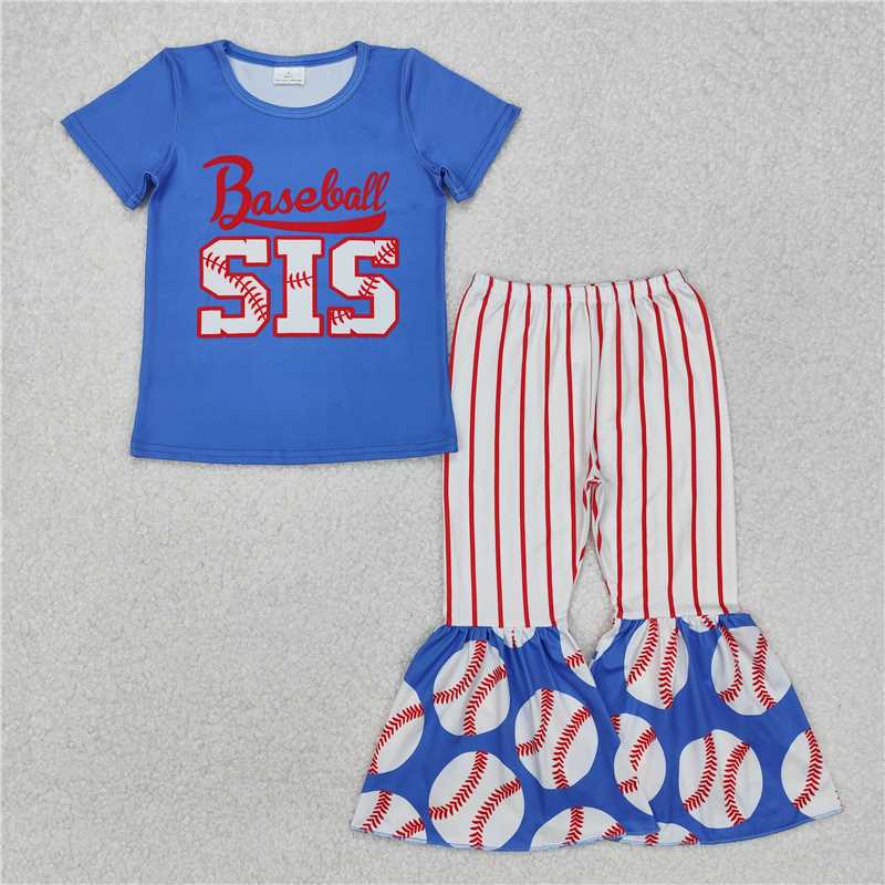 RTS NO MOQ Baby Girls Summer Kids Sets GSPO1994 Baseball Sister Top Bell Bottom Pants Clothes Sets