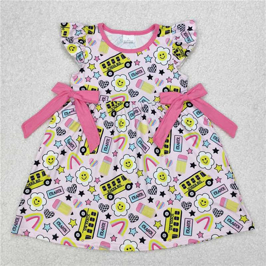 RTS NO MOQ Baby Girls Summer Skirt GSD1822 Bus Back To School Flutter Sleeves Bows Knee Length Dresses