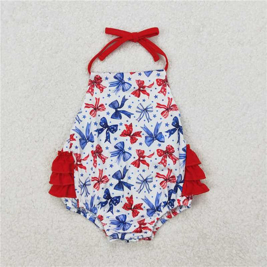 RTS NO MOQ Baby Girls Summer Bodysuit SR2591 4th of July Red Ruffle Bows Halter Rompers