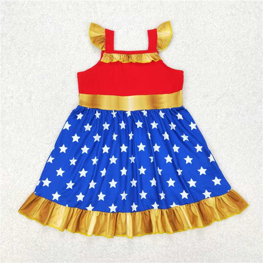 RTS NO MOQ Summer Baby Girls Dresses GSD1877 Princess Blue Stars Knee Length Dresses