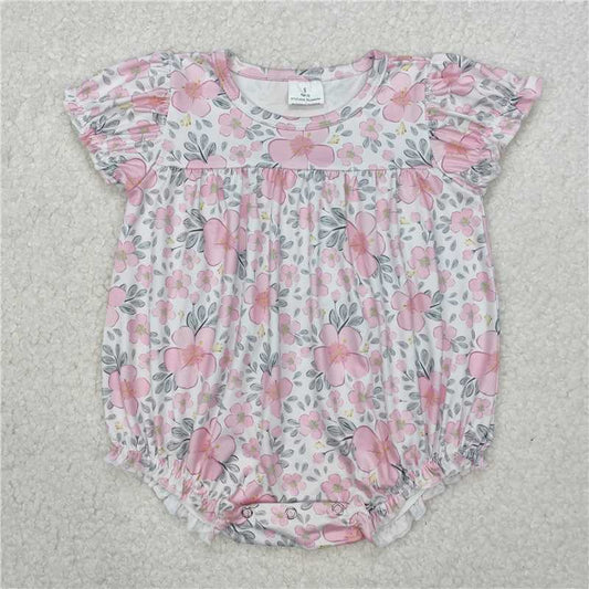 RTS NO MOQ Baby Girls Summer Bodysuit SR2782 Pink Short Sleeve Flowers Leaves Rompers