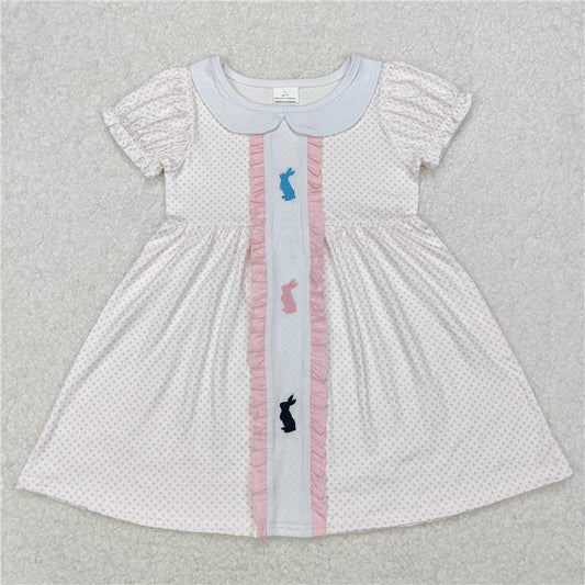7.9 RTS NO MOQ Summer Baby Girls Dresses GSD1771 Easter Rabbits Polka Dots Knee Length Dresses