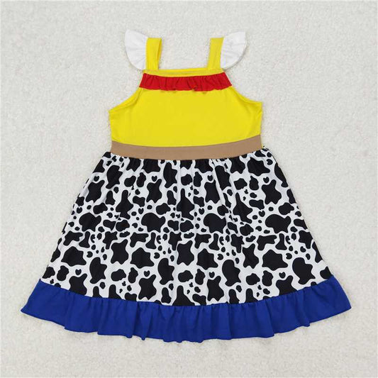 RTS NO MOQ Summer Baby Girls Dresses GSD1881 Yellow Cow Print Flutter Sleeve Ruffle Knee Length Dresses