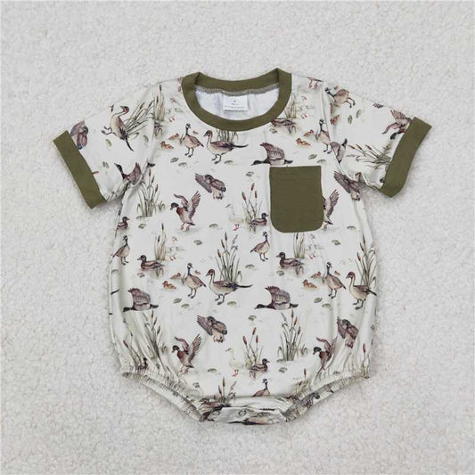 RTS NO MOQ Baby Boys Summer Bodysuit SR2413 Ducks Mallard Olive Pocket Short Sleeve Rompers
