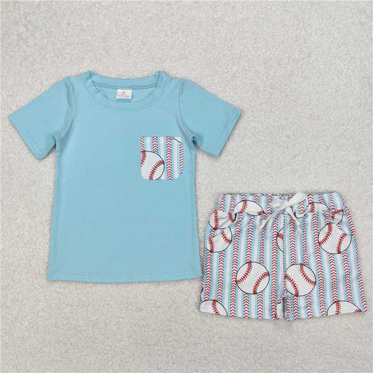RTS NO MOQ Baby Boys kids Summer sets BSSO1317 Baseball Stripe Pocket Blue Short Sleeve Shorts Set