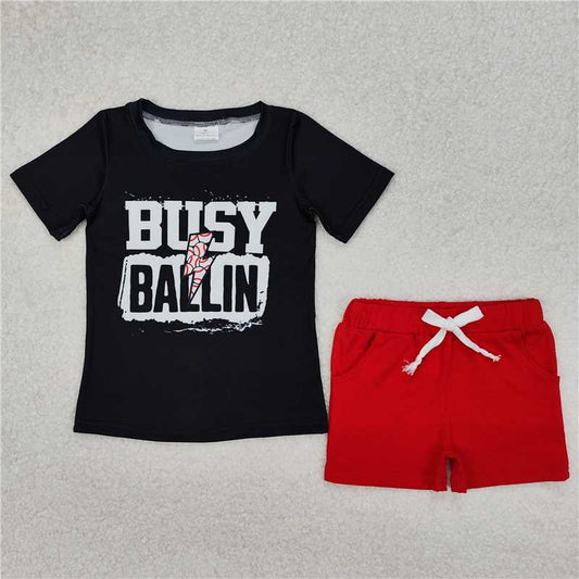 RTS NO MOQ Baby Boys kids Summer sets BSSO1318 Baseball Lightning Black Short Sleeve Red Shorts Set