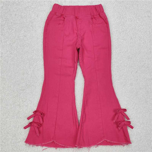 RTS NO MOQ Baby girls pants P0731 Hot Pink Bows Denim Flare Pants Jeans