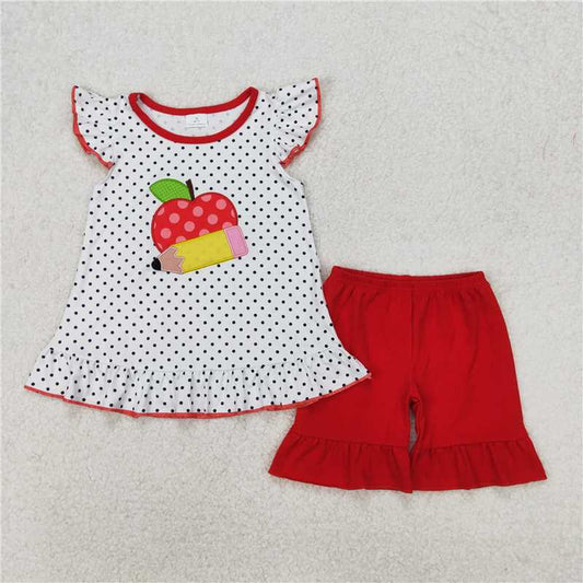 RTS NO MOQ Baby Girls Summer Sets GSSO2071 Back To School Apple Pencel Tunic Top Shorts Clothes Sets