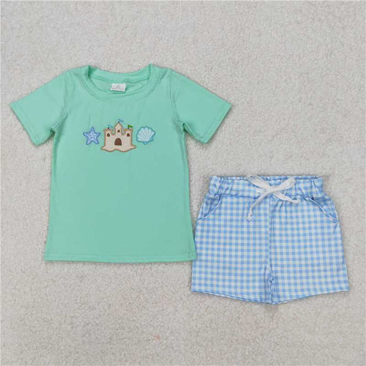 RTS NO MOQ Baby Boys kids Summer sets BSSO1266 Starfish Castle Shell Blue Short Sleeve Plaid Shorts Set