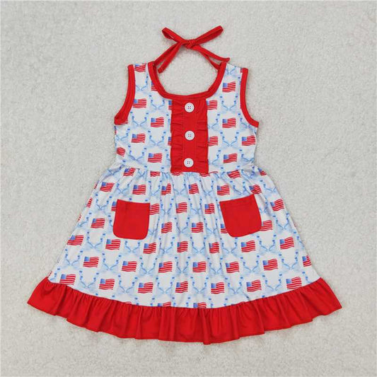 RTS NO MOQ Summer Baby Girls Dresses GSD1625 4th of July Flag Bows Pockets Knee Length Dresses