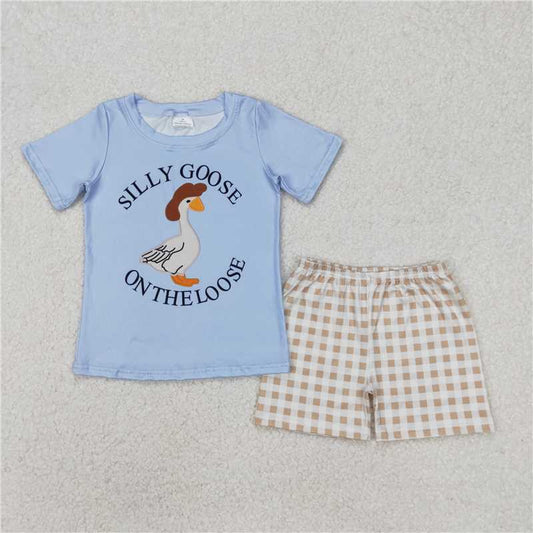RTS NO MOQ Baby Boys kids Summer sets BSSO1305 Duck Blue Short Sleeve Plaid Shorts Set