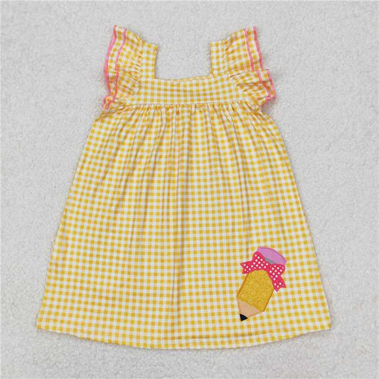 RTS NO MOQ Baby Girls Summer Skirt GSD2012 Yellow Plaid Flutter Sleeves Back To School Pencil Knee Length Dresses