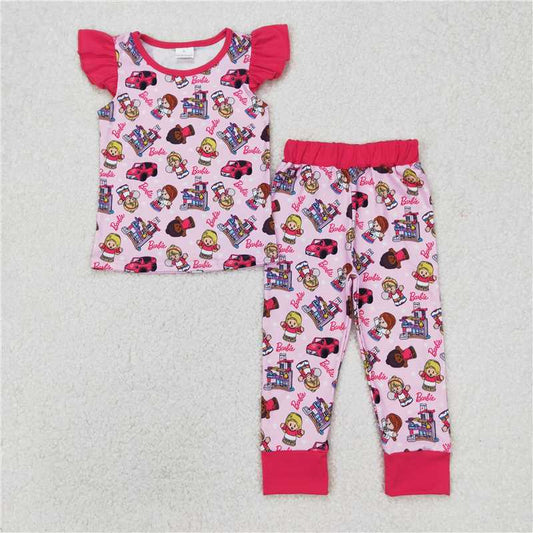RTS NO MOQ Baby Girls Summer Kids Sets GSPO1996 Pink Short-Sleeved Top And Pants Pajamas Sets