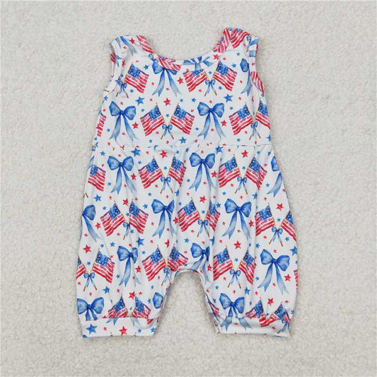 RTS NO MOQ Baby Girls Summer Bodysuit SR2681 4th Of July Bows Flags Sleeveless Rompers