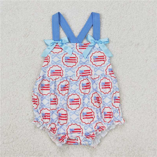 RTS NO MOQ Baby Girls Summer Bodysuit SR2691 4th of July Blue Bows Flag Straps Rompers