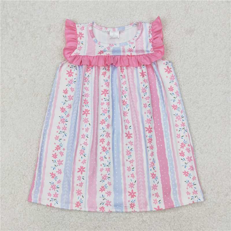 RTS NO MOQ Summer Baby Girls Dresses GSD1901 Pink Flowers Ruffle Knee Length Dresses