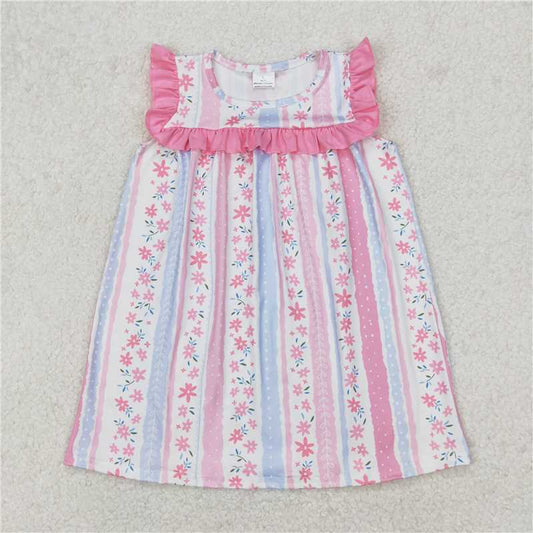 RTS NO MOQ Summer Baby Girls Dresses GSD1901 Pink Flowers Ruffle Knee Length Dresses
