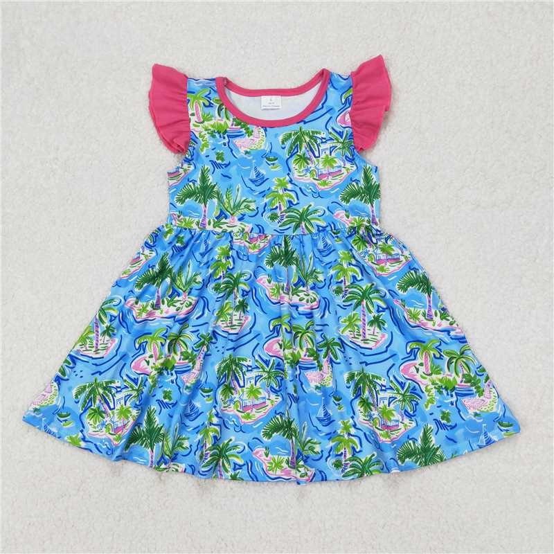 RTS NO MOQ Summer Baby Girls Dresses GSD1928 Tree Flutter Sleeve Pearl Knee Length Dresses