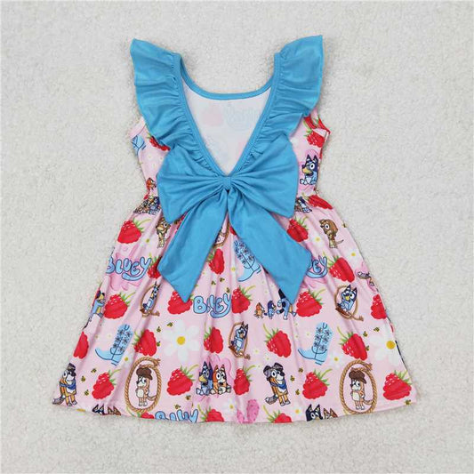 RTS NO MOQ Summer Baby Girls Dresses GSD1813 Dogs Strawberry Bows Knee Length Dresses