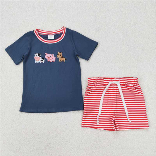 RTS NO MOQ Baby Boys kids Summer sets BSSO1295 Cow Pig Horse Farm Animals Blue Short Sleeve Red Striped Shorts Suit